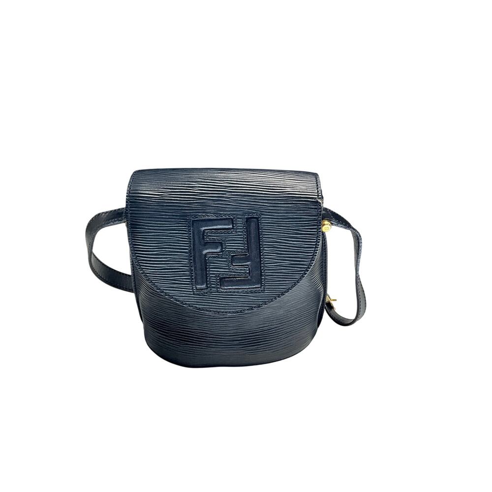 Fendi Black Ribbed Leather FF Logo Shoulder Bag